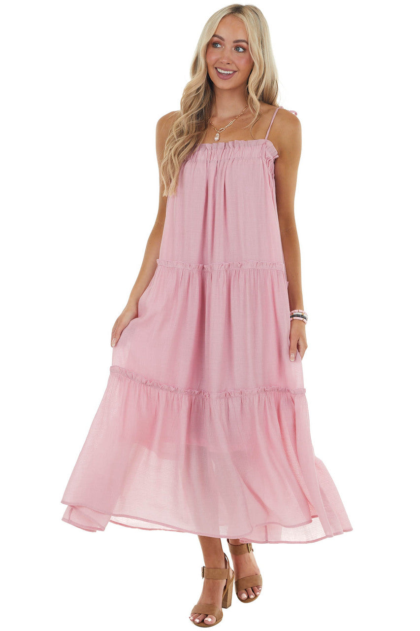 Cherry Blossom Sleeveless Midi Dress with Tiered Details