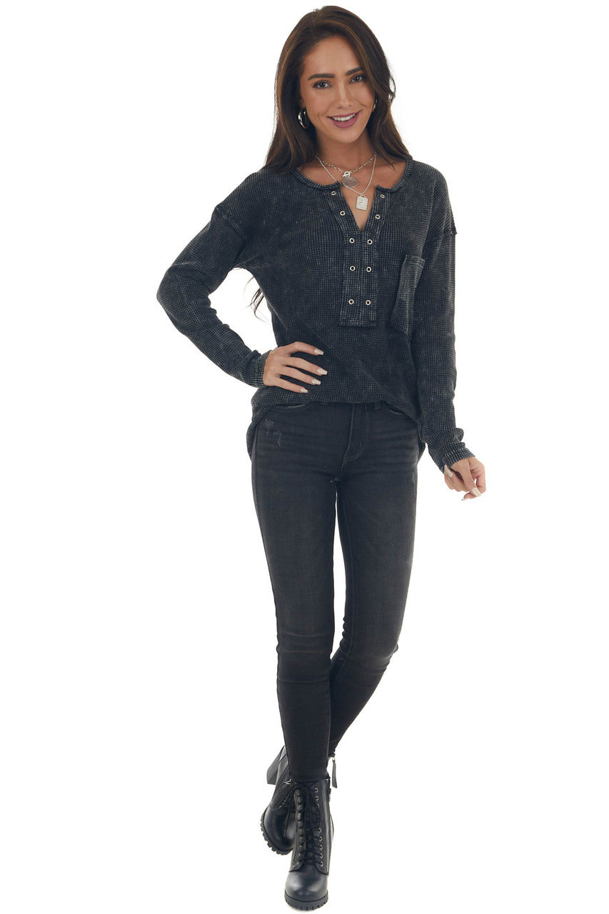 Charcoal Washed Thermal Knit Chest Pocket Top