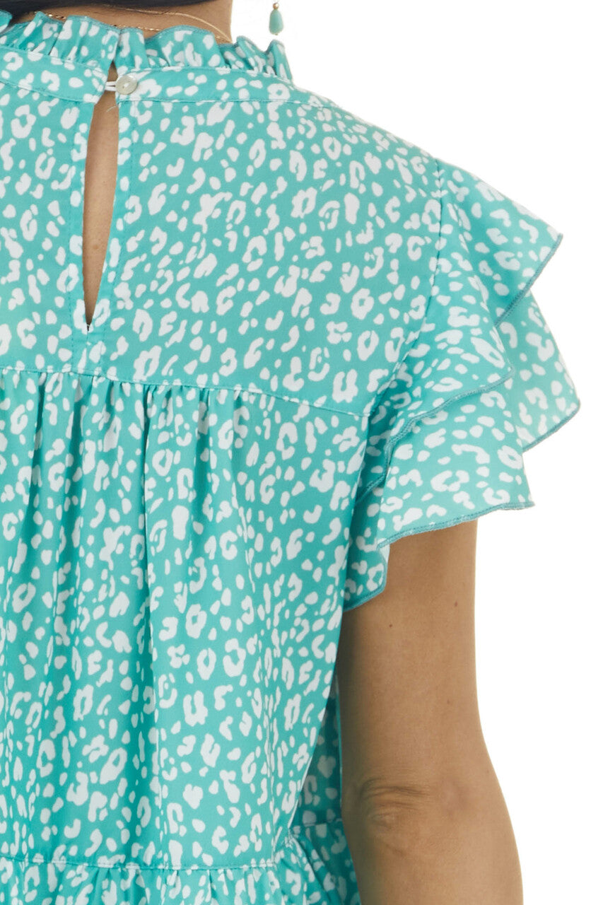 Aqua Leopard Print Woven Top with Drop Waist