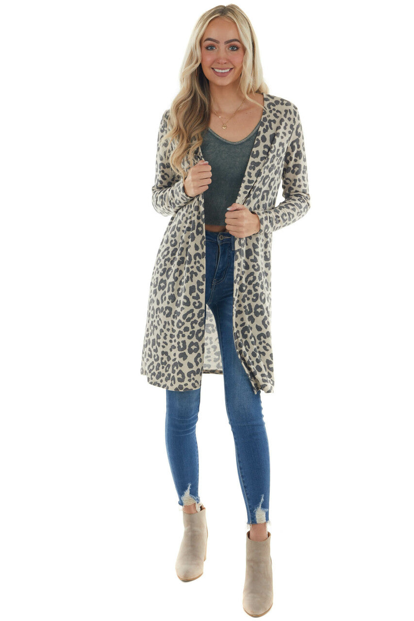 Sand Leopard Print Open Front Knit Cardigan