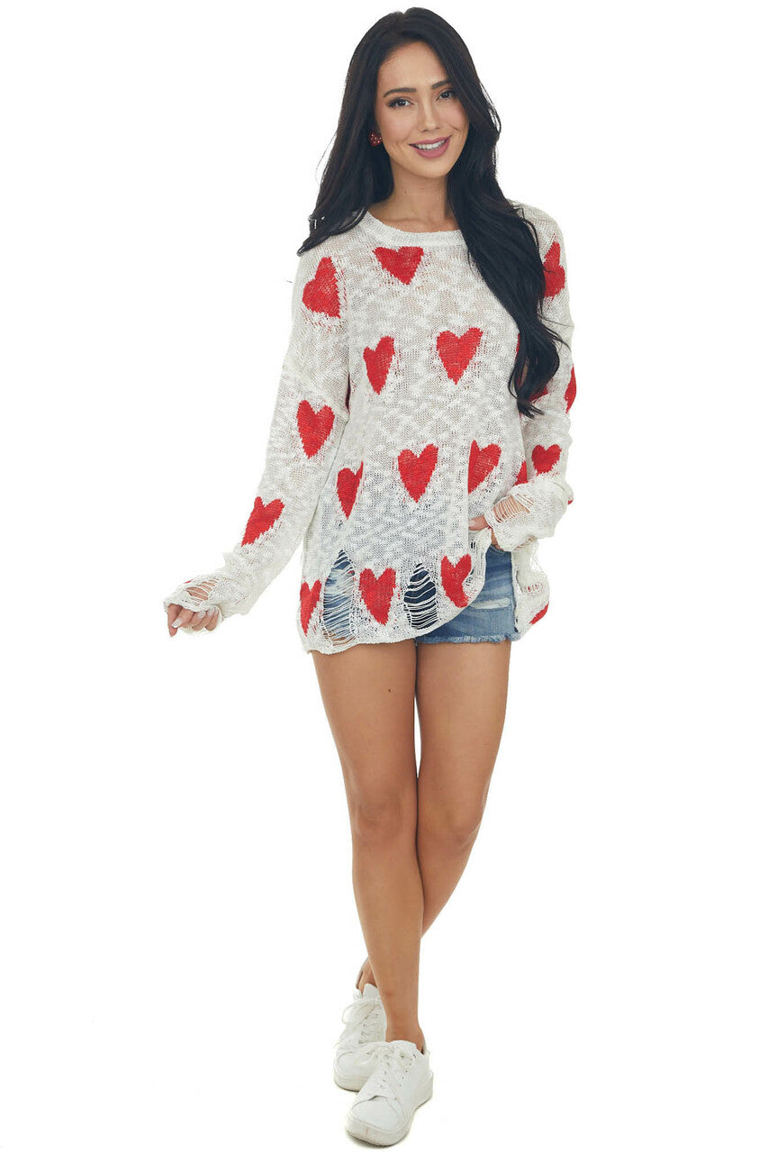 Ivory Heart Print Distressed Long Sleeve Relaxed Fit Top