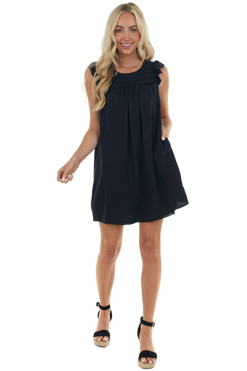 Black Babydoll Pintuck Yoke Mini Woven Dress