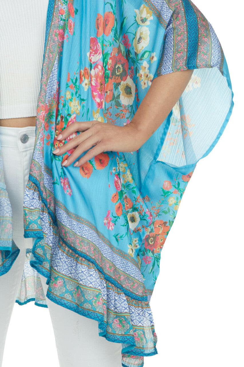 Ocean Floral Short Sleeve Open Front Kimono
