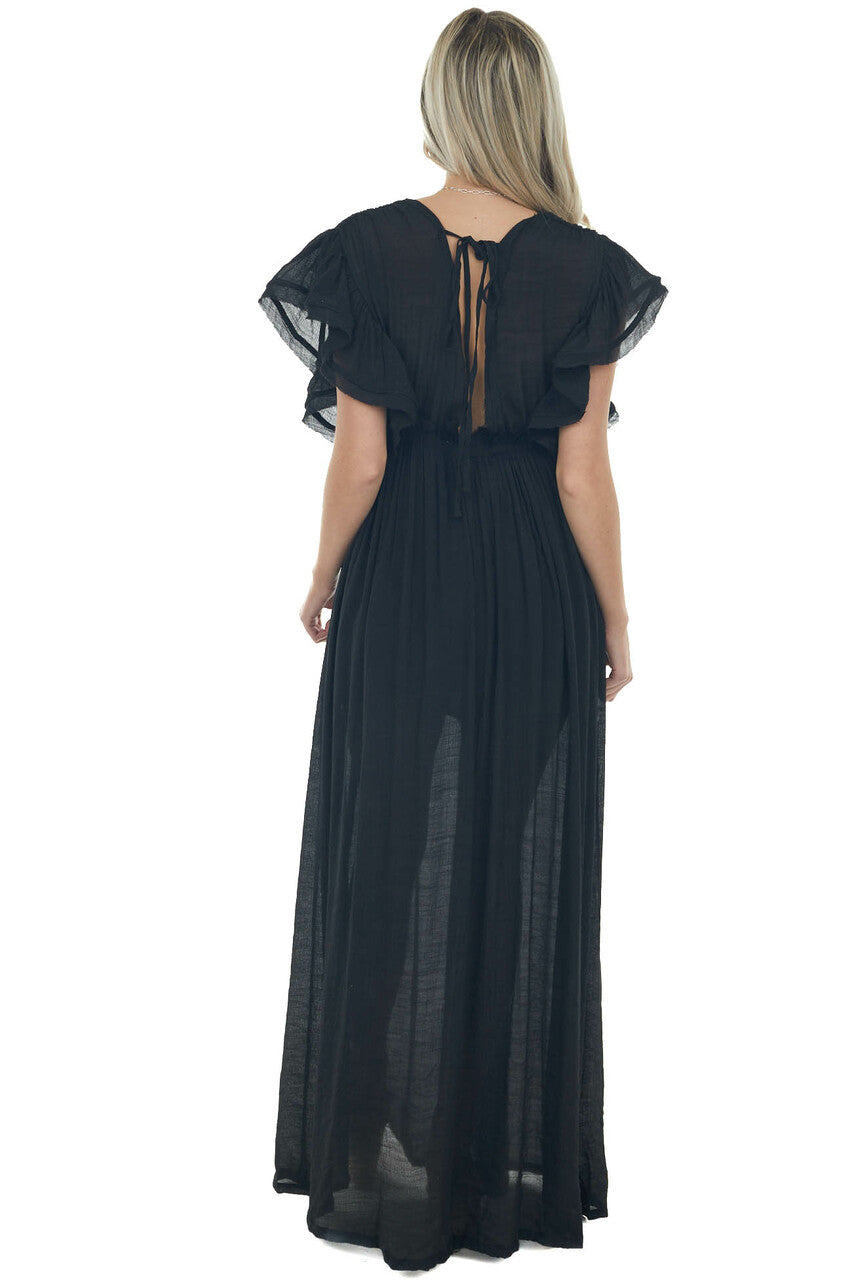 Black Button Front Plunging V Neck Maxi Dress 