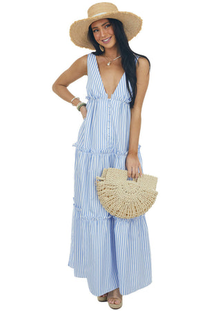 Cornflower and Ivory Striped Print Maxi Dress