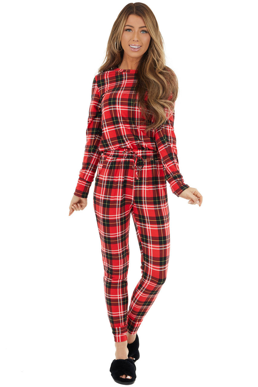 Crimson and Black Plaid Pajama Top and Joggers Set