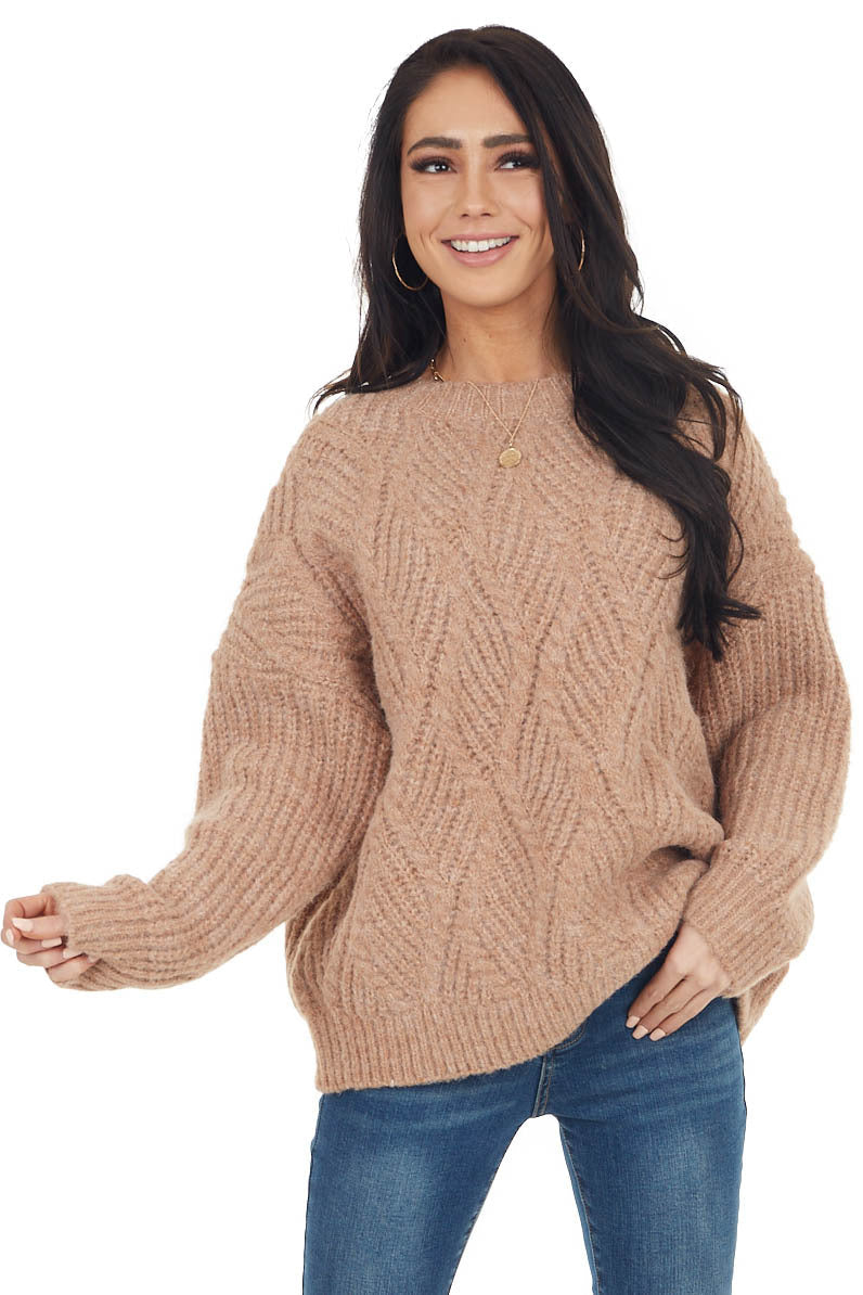 Faded Camel Long Sleeve Textured Knit Oversized Sweater