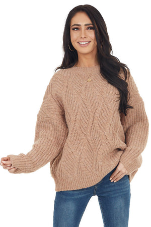 Faded Camel Long Sleeve Textured Knit Oversized Sweater