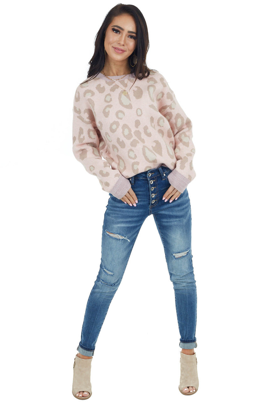 Dusty Blush Leopard Print Long Sleeve Knit Sweater