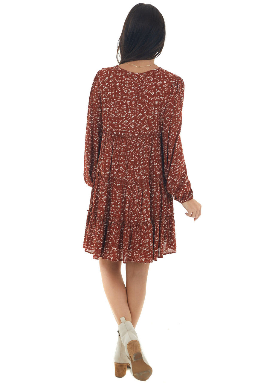 Rust Ditsy Floral Puff Sleeve Tiered Dress