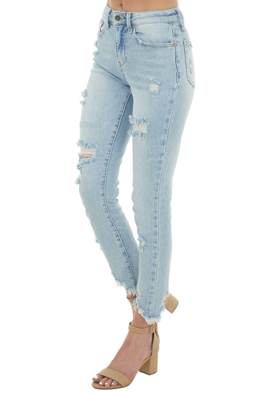 Medium Denim High Rise Distressed Frayed Jeans