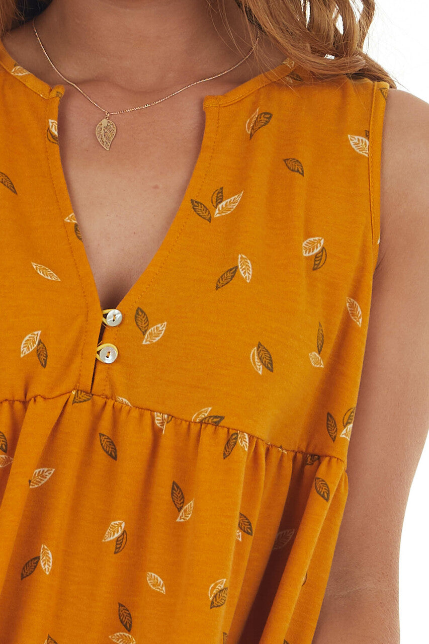 Mango Leaf Print Babydoll Notch Neck Knit Tank