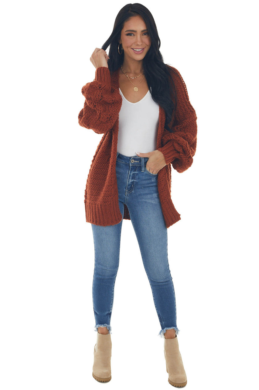 Rust Chunky Knit Cardigan with Long Sleeves