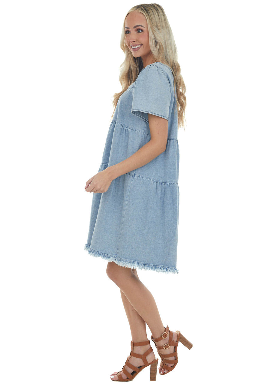 Light Vintage Wash Tiered Babydoll Denim Dress
