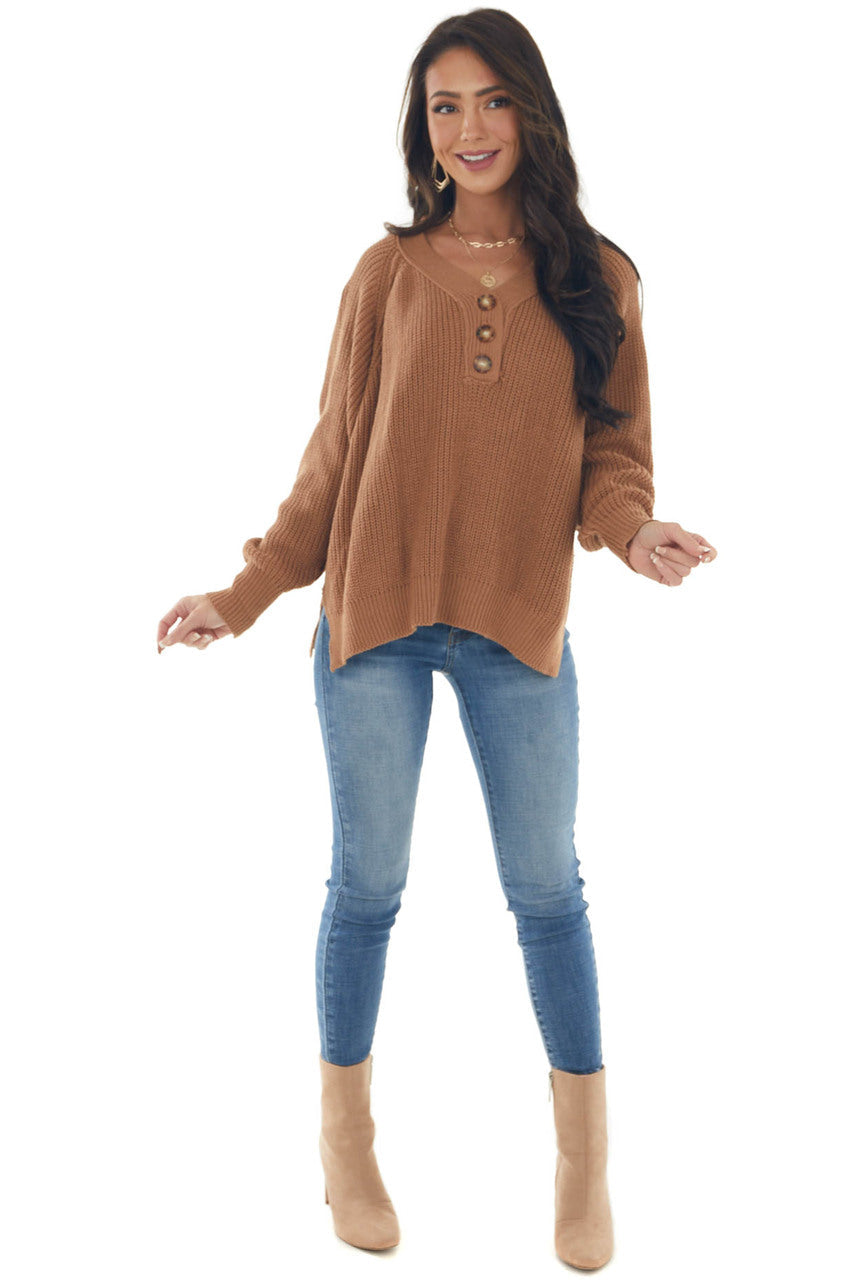 Cognac Long Sleeve Henley Knit Sweater 