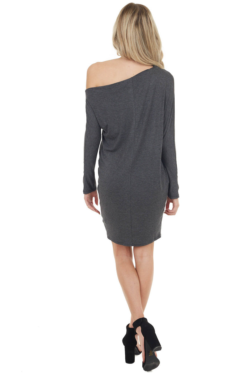 Charcoal Off Shoulder Long Sleeve Semi Fitted Short Dress