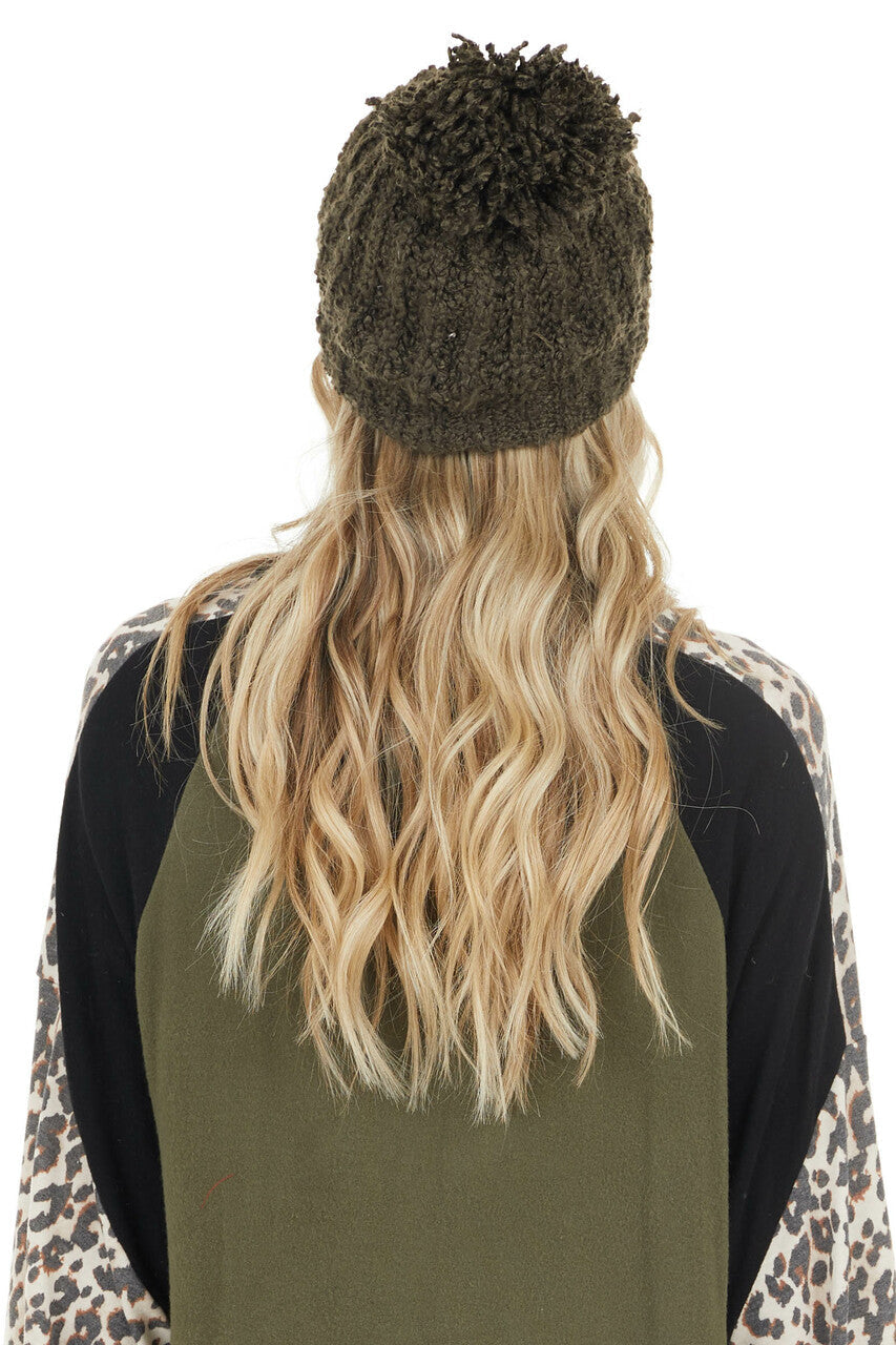 Olive Chenille Ribbed Knit Beanie with Pom Detail