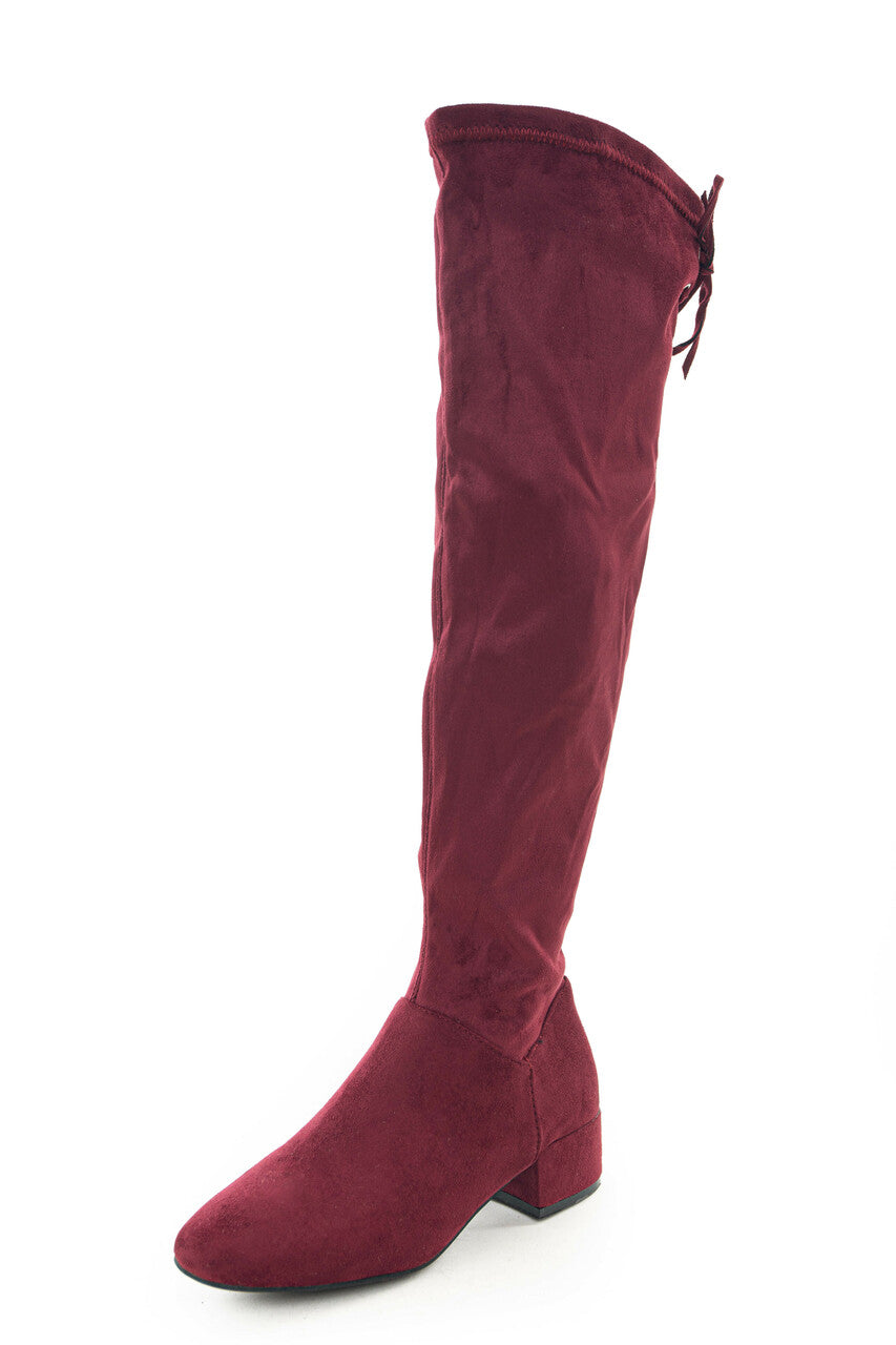 Wine Faux Suede Boots with Back Lace Up Detail 