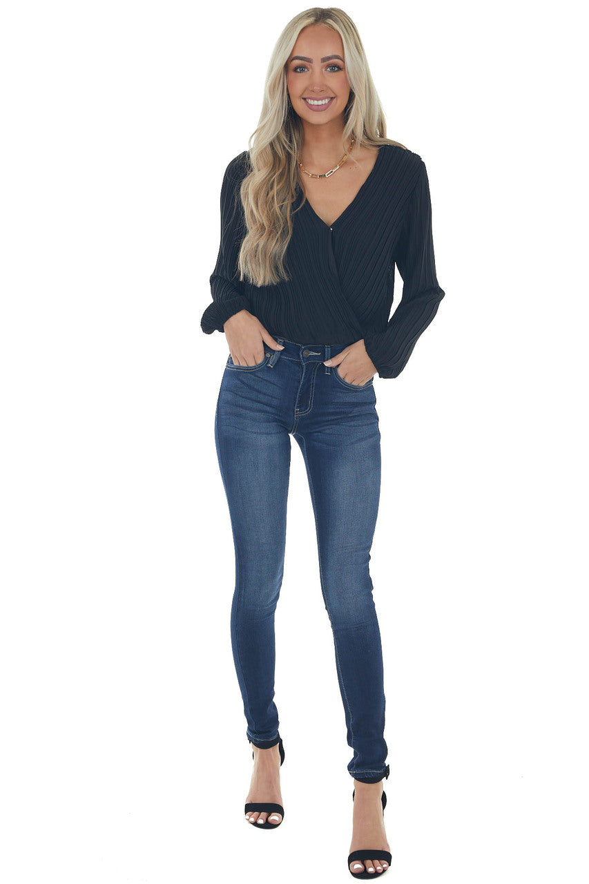 Black Surplice Long Sleeve Pleated Blouse