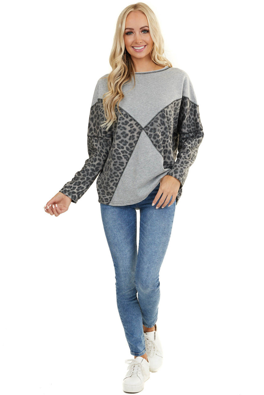 Heather Grey and Leopard Print Long Sleeve Sweater Top 