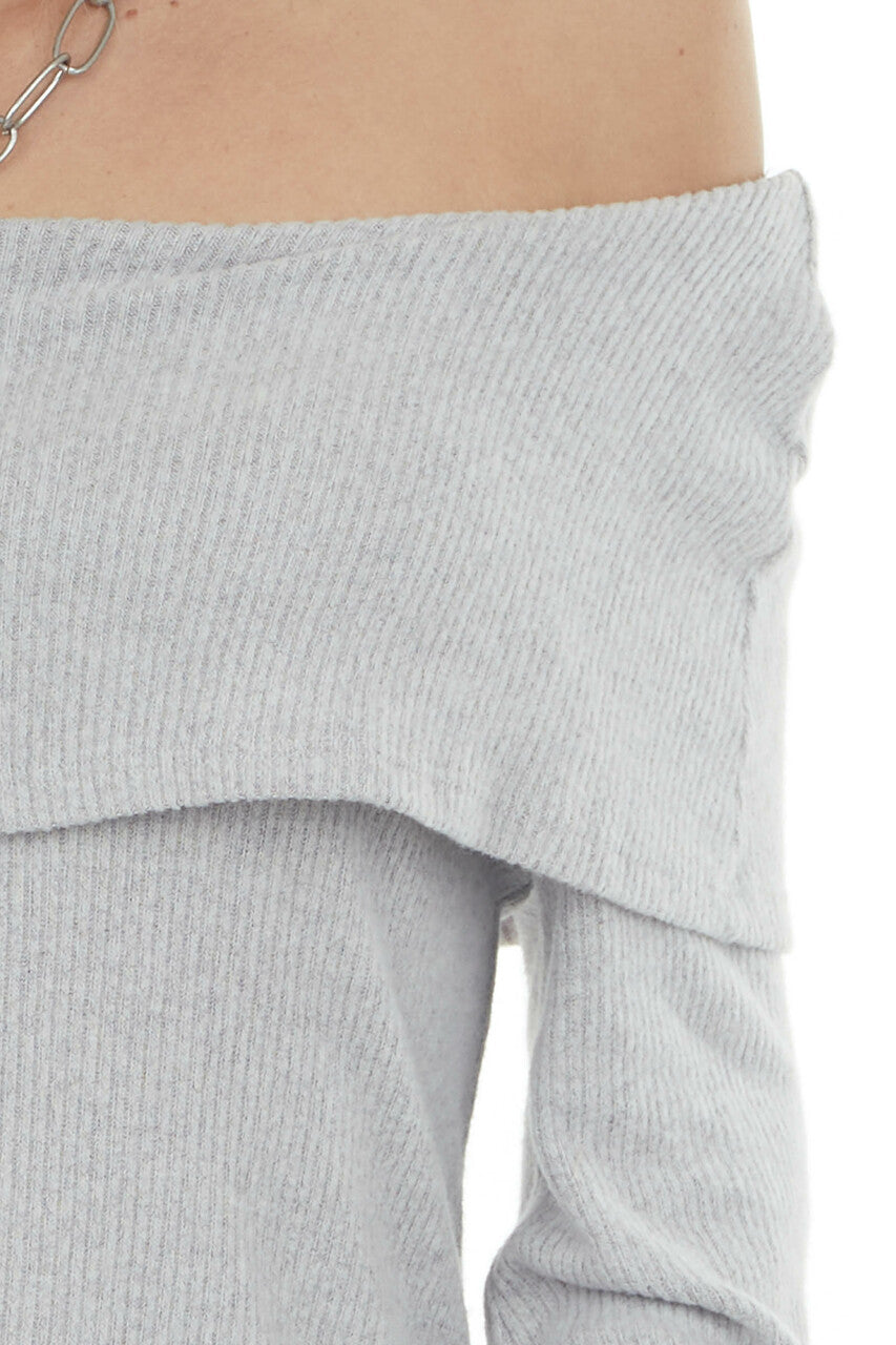 Pewter Grey Folded Off Shoulder Ribbed Knit Top