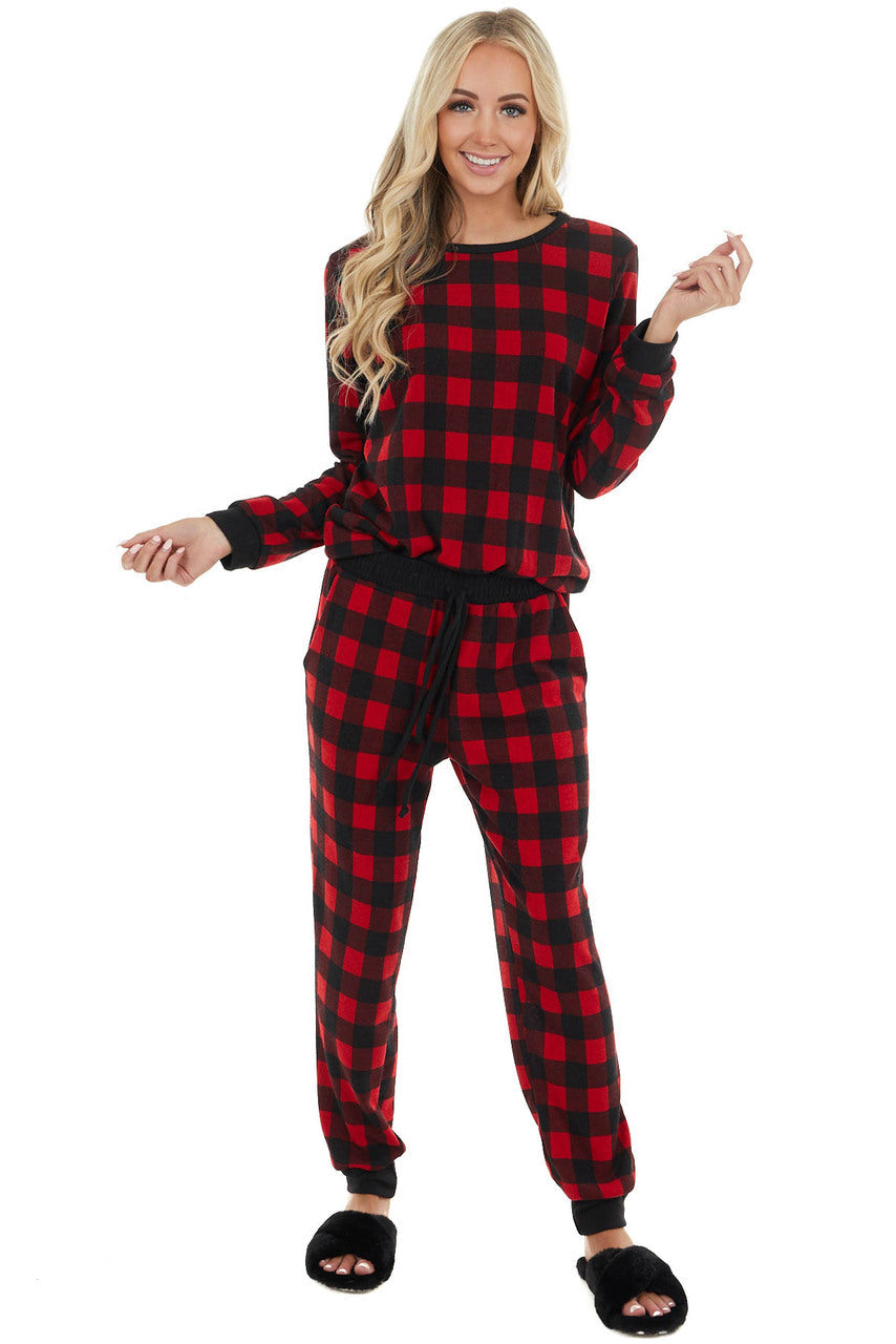 Cranberry Red and Black Buffalo Plaid Long Sleeve Knit Top