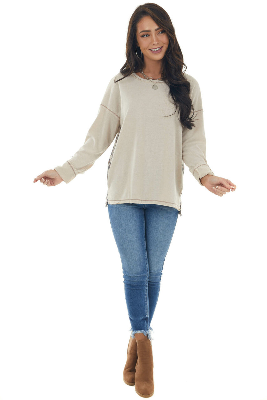 Almond Long Sleeve Top with Leopard Print Back 