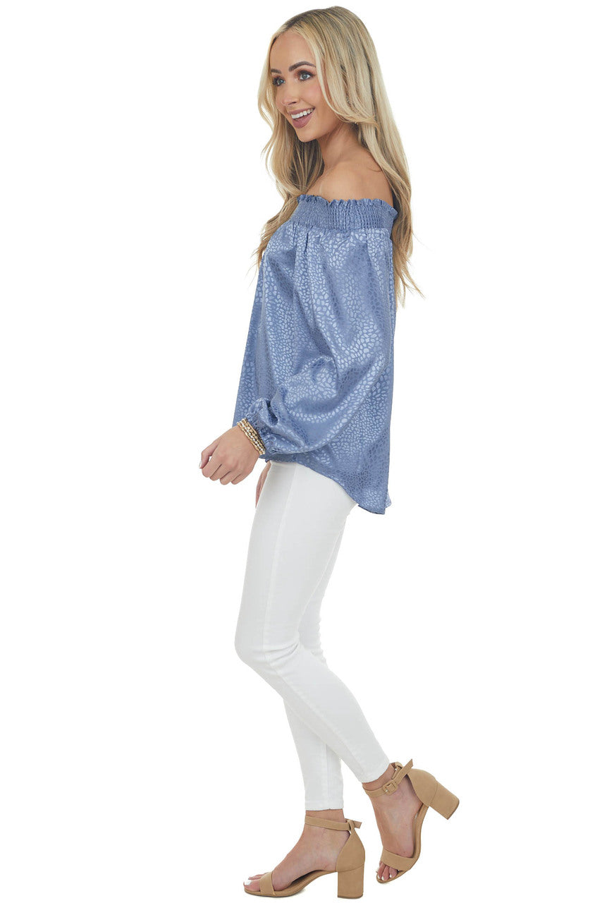 Dusty Blue Metallic Cheetah Off Shoulder Top