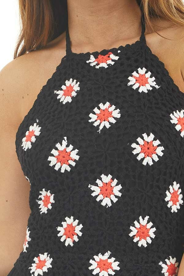 Black Halter Top Romper with Floral Crochet Bust detail