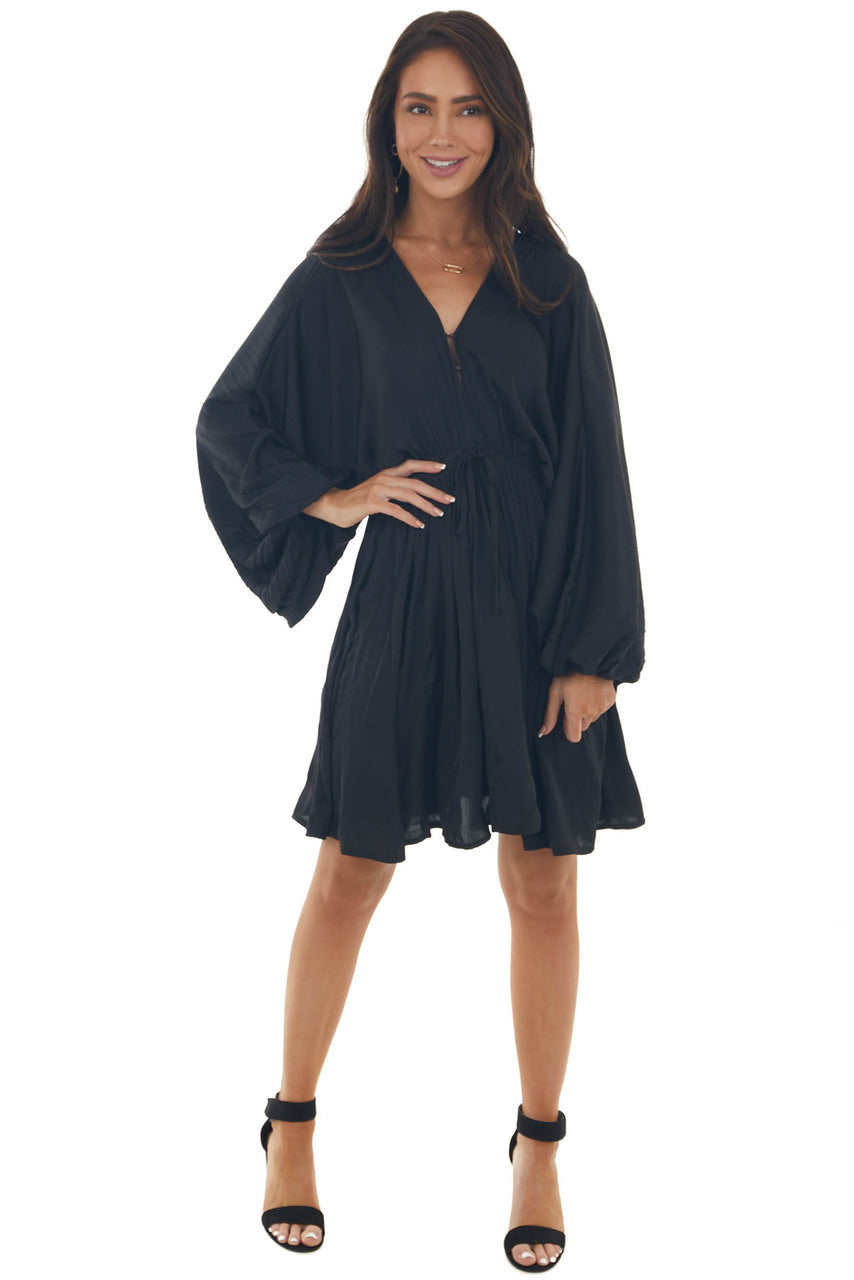 Black Pleated Bubble Sleeve V Neck Short Dress