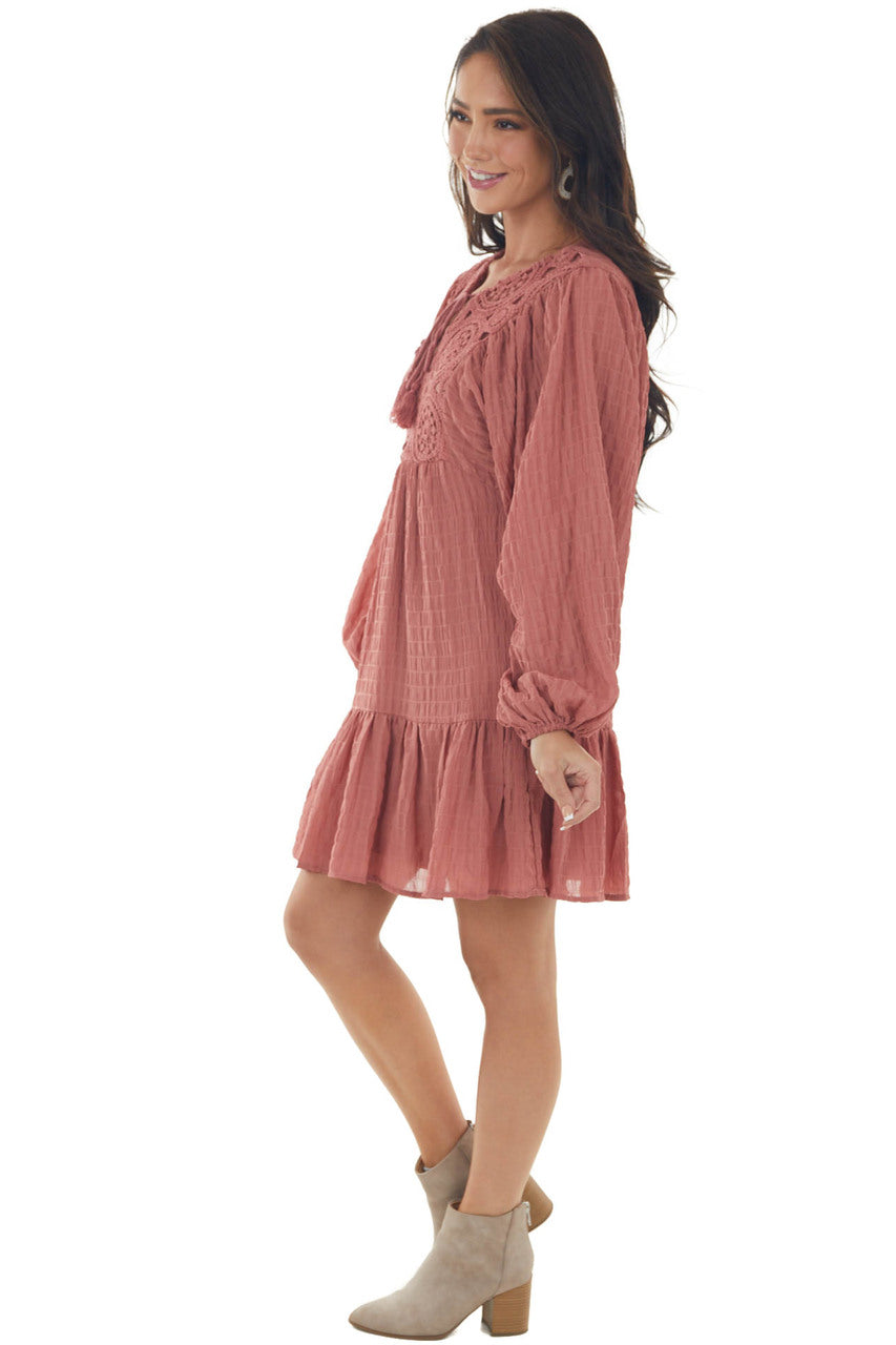 Vintage Rose Textured Puff Sleeve Lace Dress 