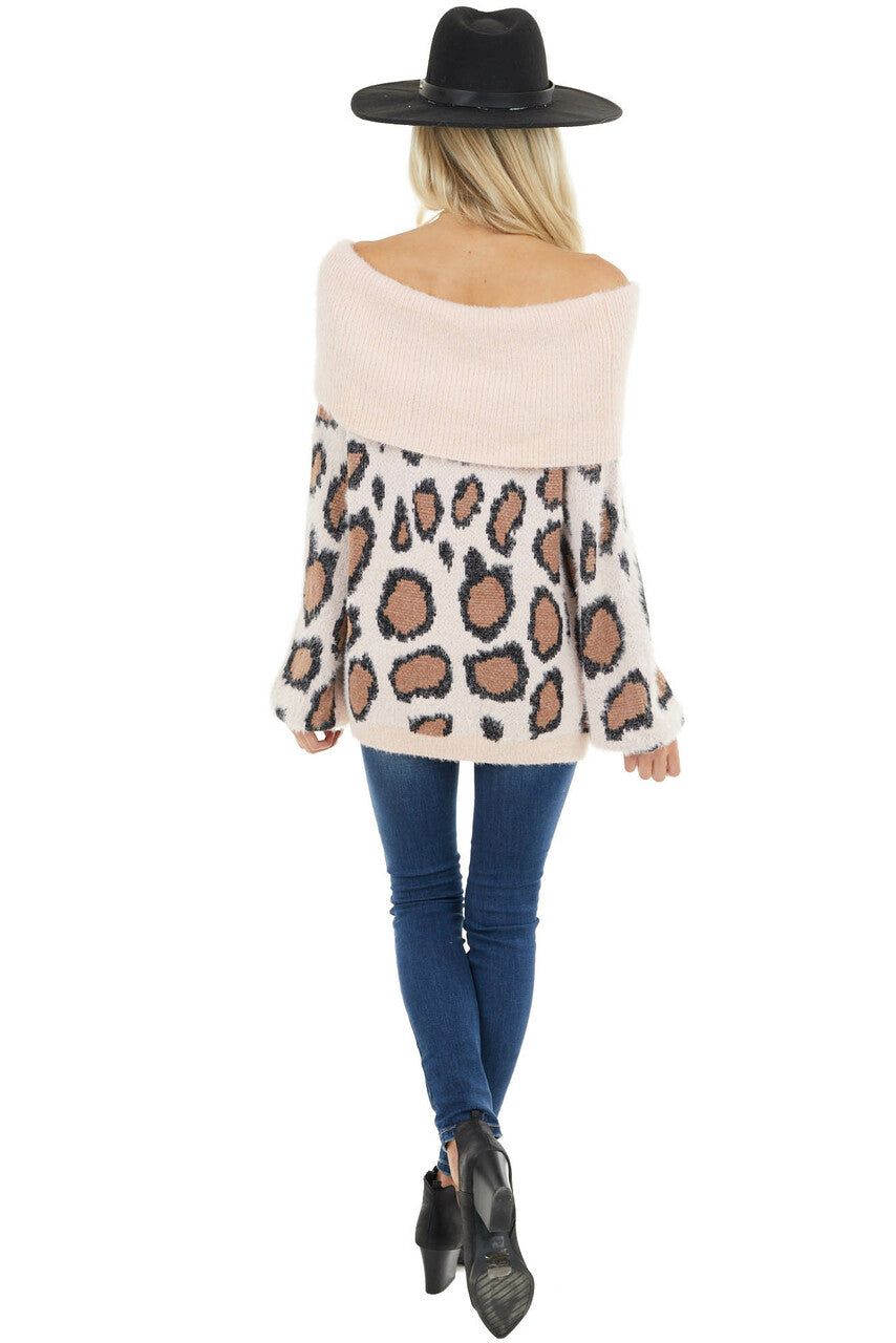 Blush Fuzzy Leopard Long Sleeve Off the Shoulder Sweater