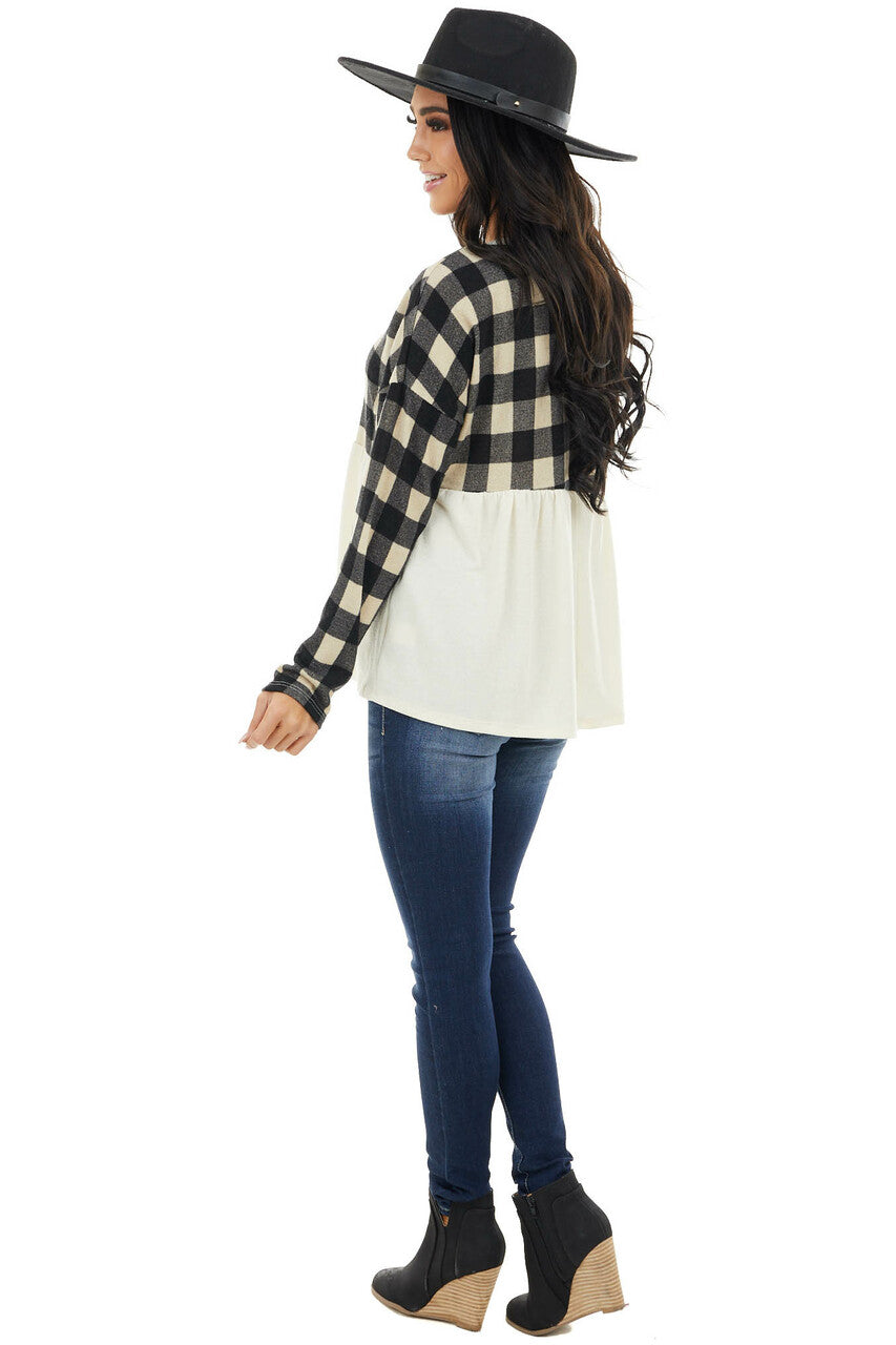 Black and Cream Buffalo Plaid Babydoll Top with Long Sleeves