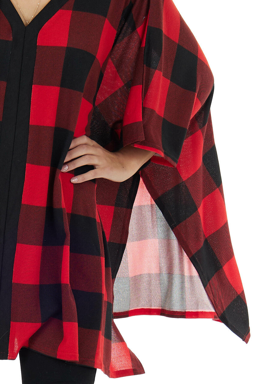 Pomegranate Buffalo Plaid V Neck Poncho Top 