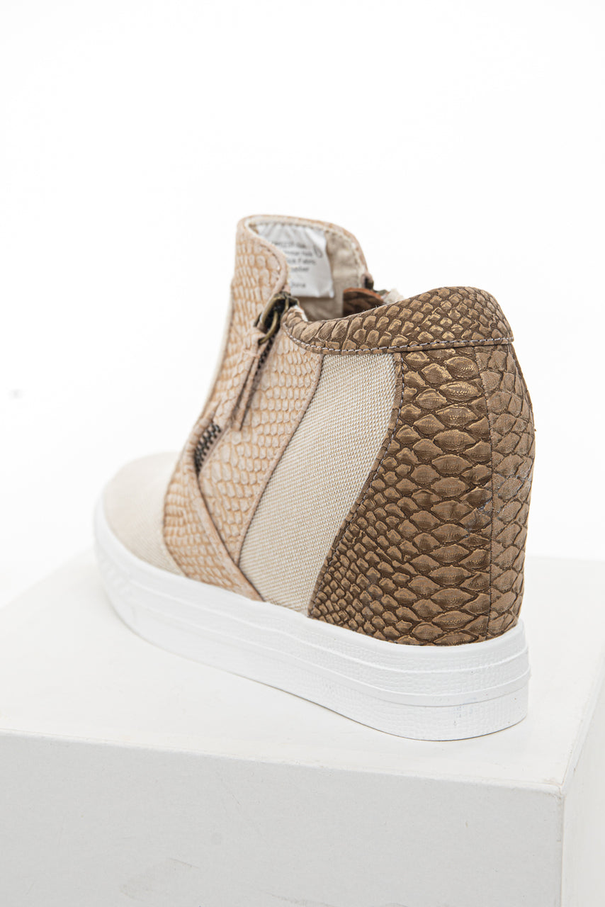 Beige and Snakeskin Print Wedge Sneakers with Dual Zippers 