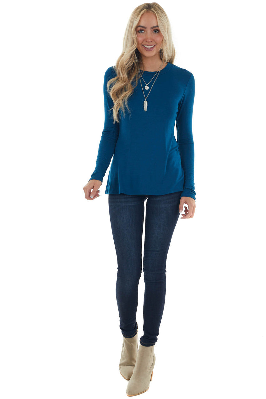 Sea Blue Laser Cut Out Back Long Sleeve Sea Blue Laser Cut Out Back Long Sleeve Top