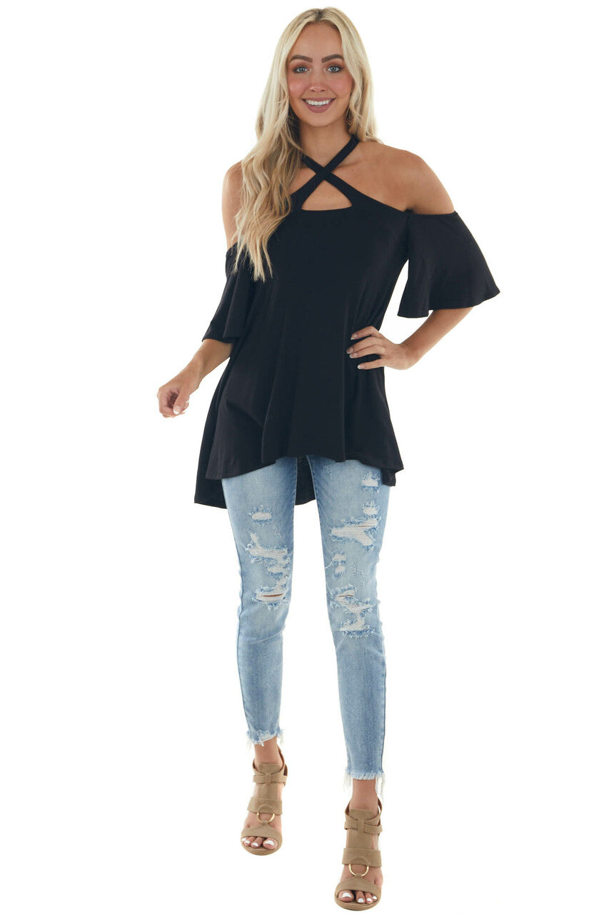 Black Flutter Sleeve Cold Shoulder Halter Top
