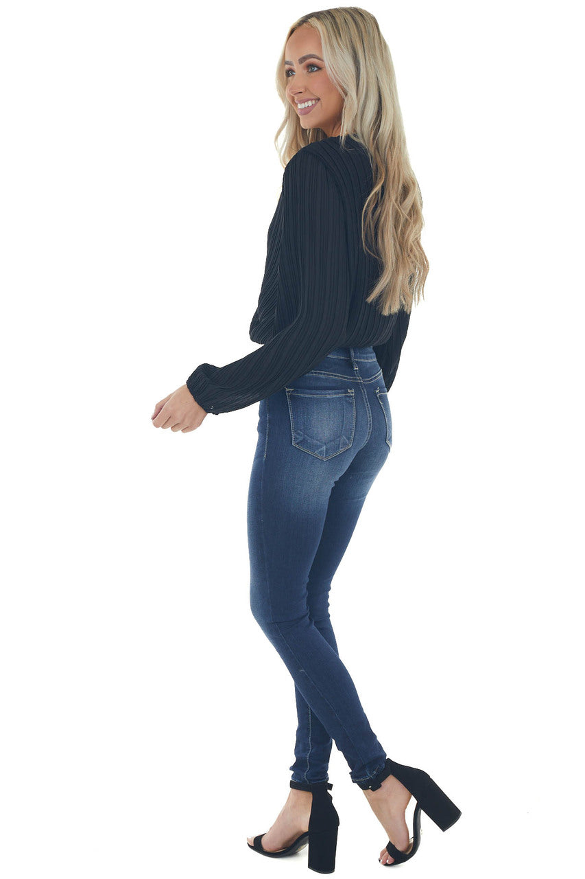 Black Surplice Long Sleeve Pleated Blouse