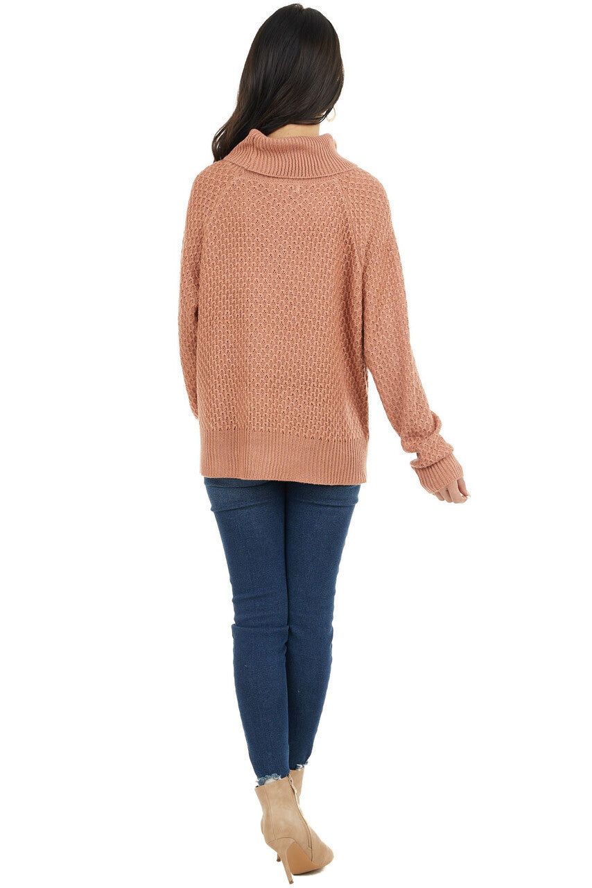 Terracotta Waffle Knit Turtleneck Sweater with Long Sleeves