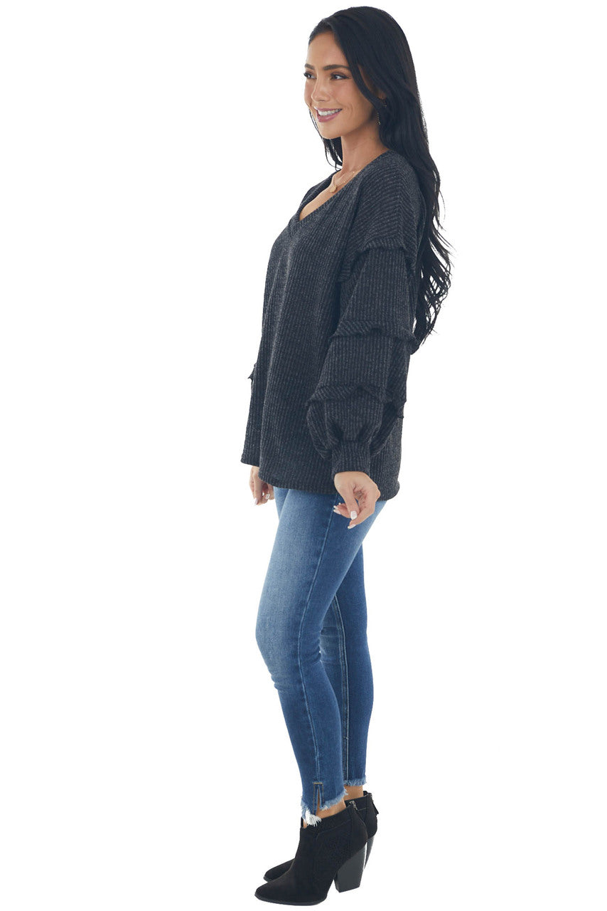 Charcoal Ribbed Knit Top with Ruffle Puff Sleeves