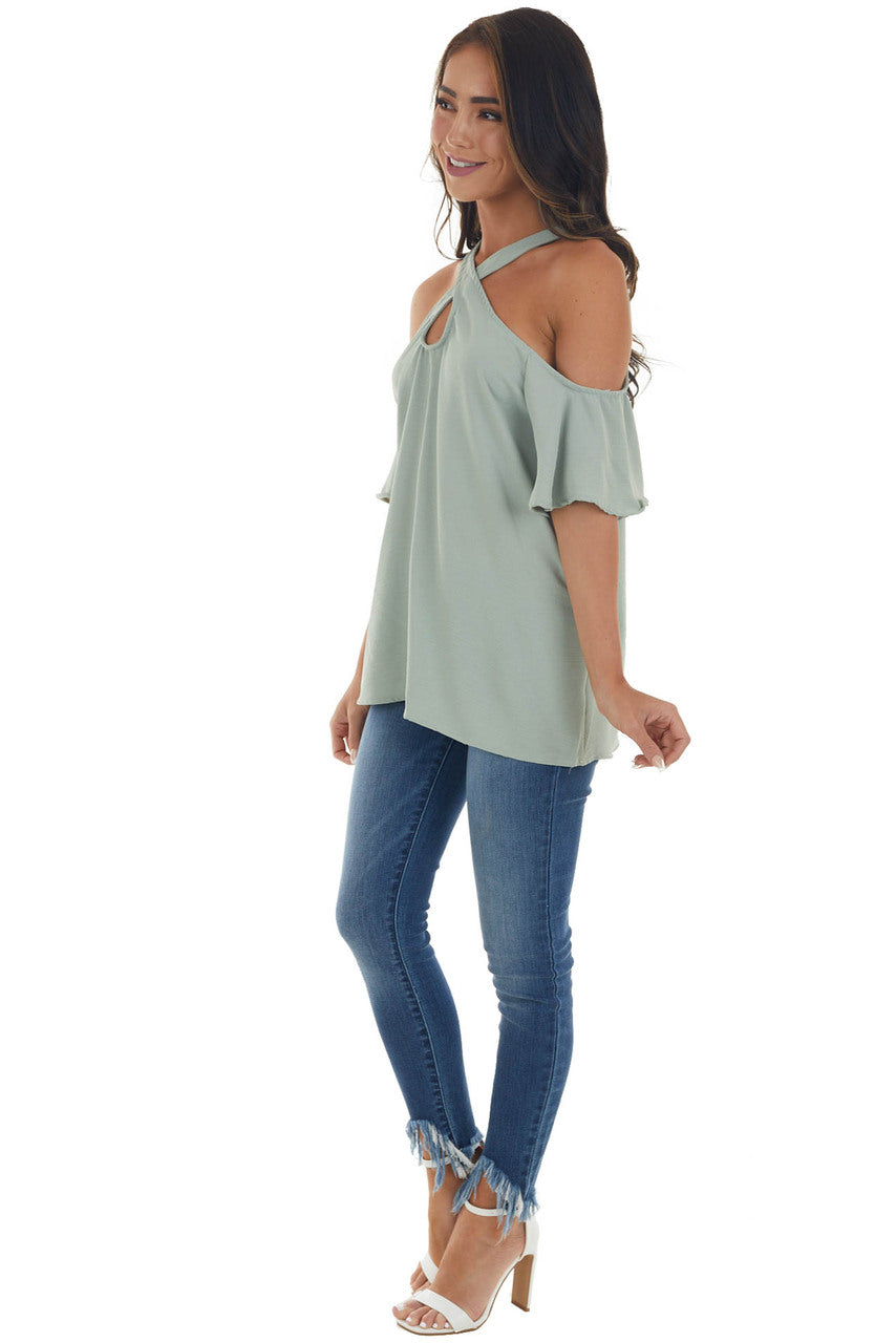 Sage Cold Shoulder Blouse with Criss Cross Halter Neck