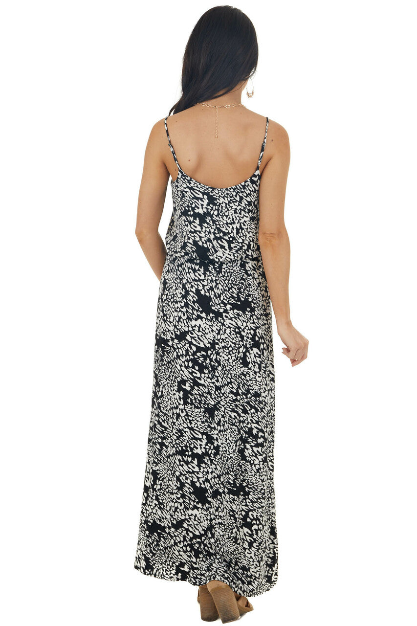Black and Ivory Leopard Print Sleeveless Blouson Maxi Dress 