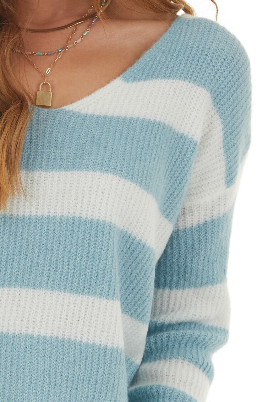 Ivory and Baby Blue Soft Long Sleeve Sweater 