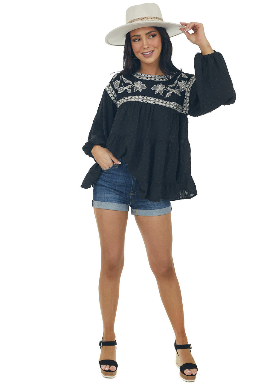 Black Embroidered Yoke Swiss Dot Top