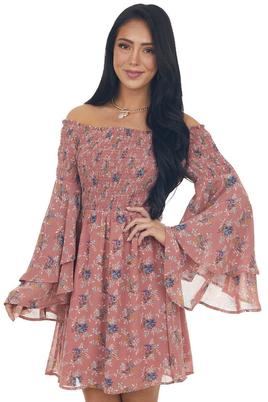 Rose Taupe Floral Print Long Sleeve Off the Shoulder Dress