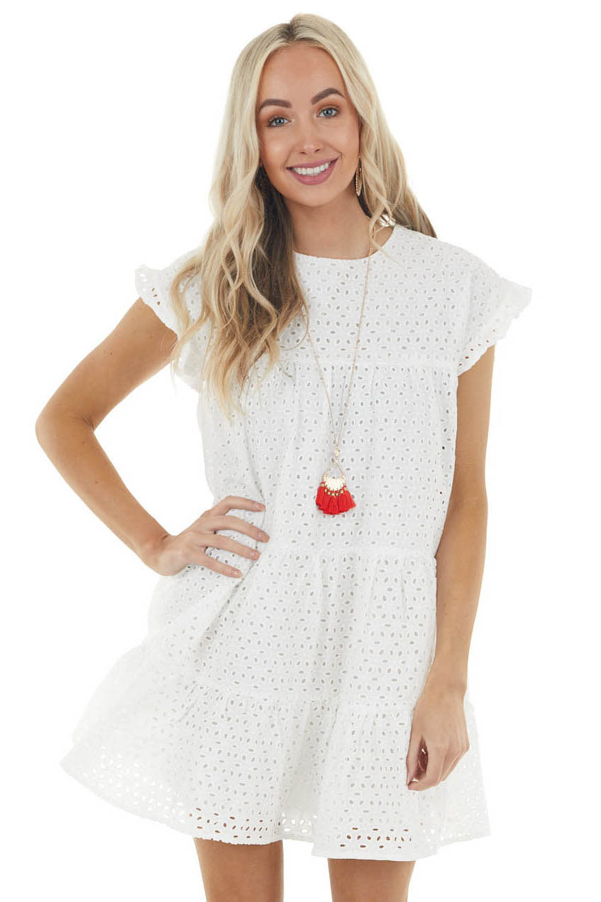 Off White Eyelet Woven Short Dress with Ruffle Sleeves