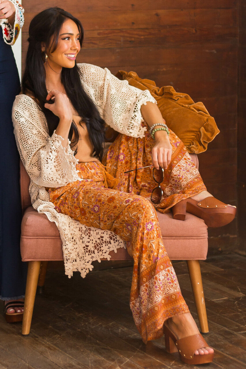 Tawny Floral Wide Leg Pants with Tassel Tie 