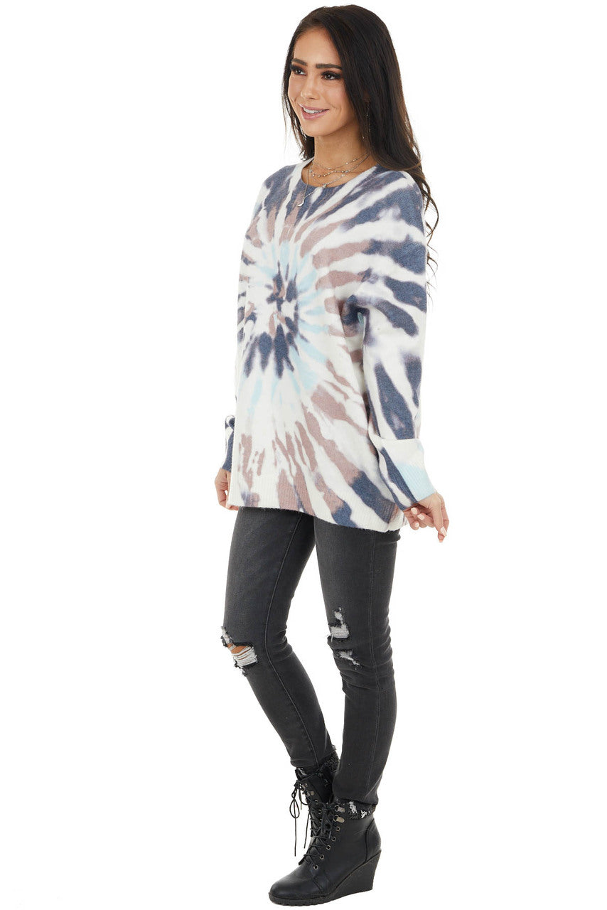 Off White Tie Dye Fuzzy Knit Long Sleeve Lightweight Sweater