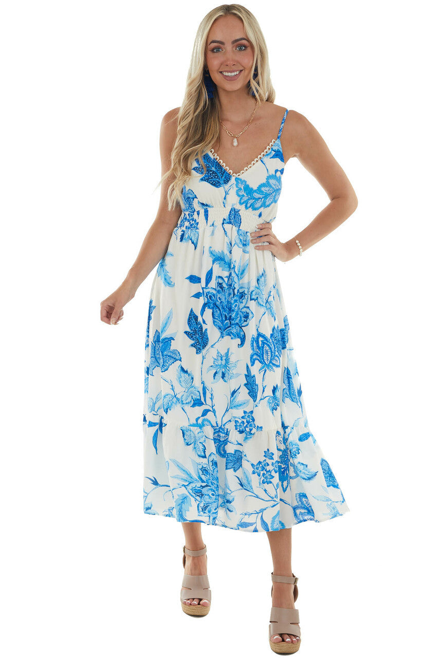 Royal Blue and Ivory Floral Print Midi Dress