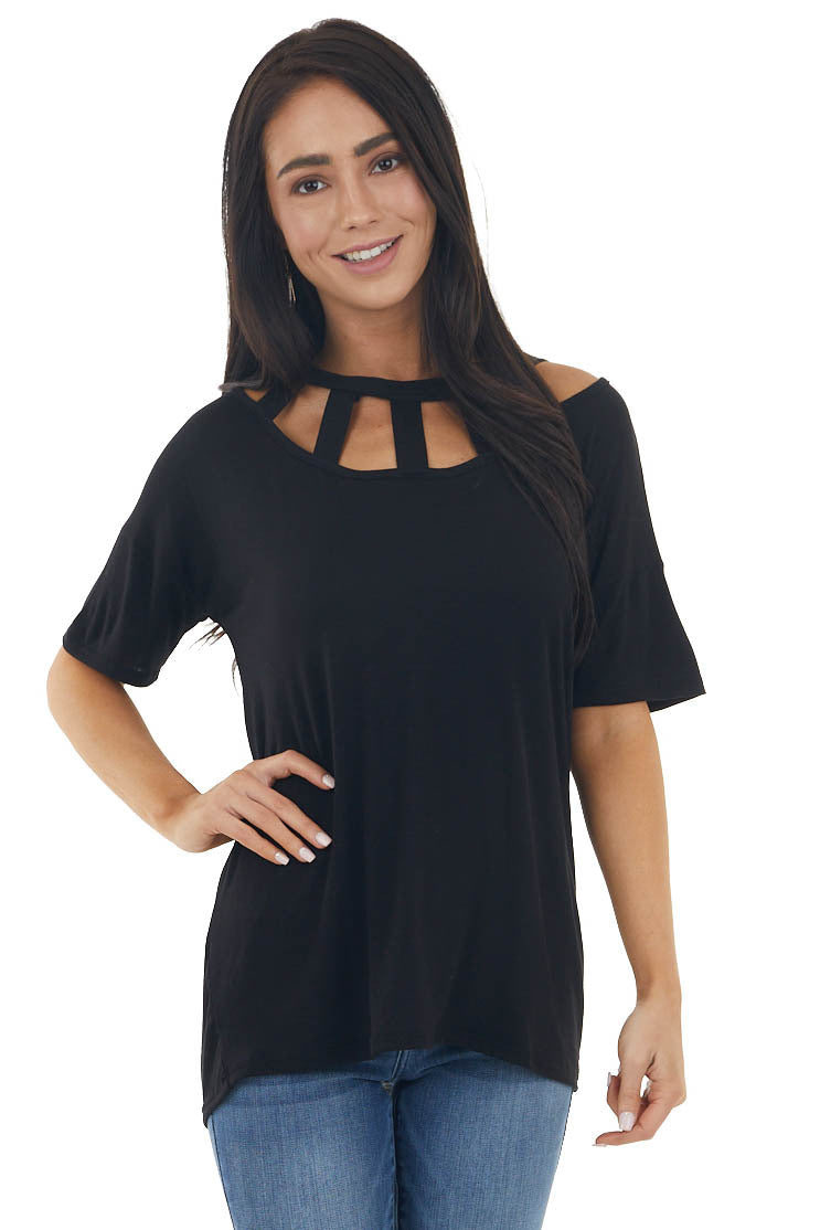 Black Short Sleeve Knit Top with Caged Neckline